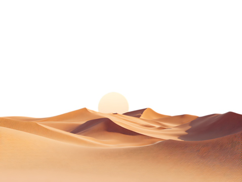 Minimalist Desert Landscape at Sunset with Peach and Beige Sand Dunes on white background 