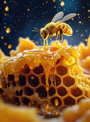 Honeybee drinks honey from honeycomb at night. Stock photo