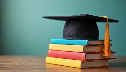 Graduation cap, tassel sit atop stack of colorful books end of school education. Study achievement, academic success, scholastic journey. Represents learning growth, wisdom, future possibilities.