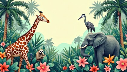 Tropical animals in a lush jungle setting.