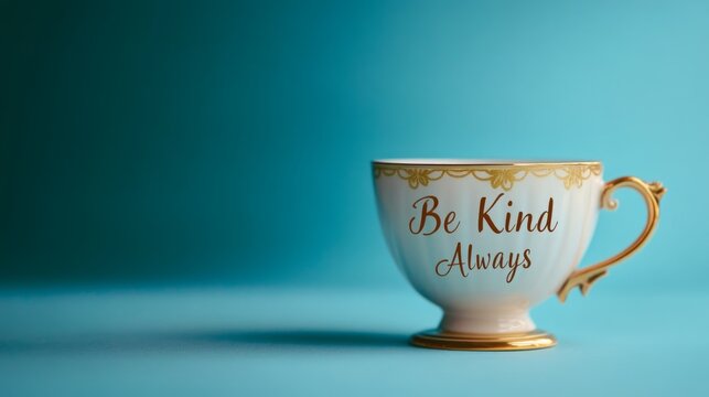 Inspirational tea cup with message about kindness on a blue background