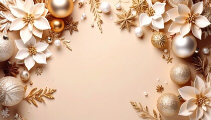 Elegant golden and white holiday decoration arrangement festive event graphic design cozy atmosphere overhead view celebration spirit