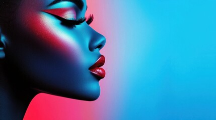 a woman with bright makeup and bright red lips