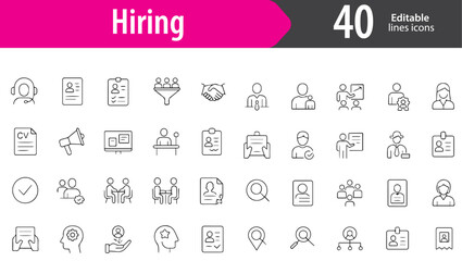 Hiring Line Icons, Recruitment, Candidate Profile, Interview, Resume Review, Job Offer, Editable Formats: AI, EPS, PNG, JPG, Ideal for Both Digital and Print Use
