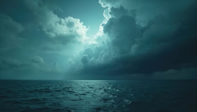 Dramatic seascape with dark storm clouds gathering over ocean. Turbulent water reflects moody turquoise, grey sky. Light breaks through clouds, creating striking contrast with dark, ominous - Powered by Adobe