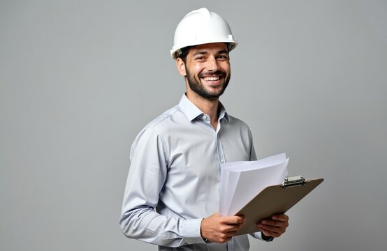 Smiling young unshaven businessman wearing white construction helmet, light shirt holds clipboard with papers. Isolated on grey background, image represents career achievement, wealth, business