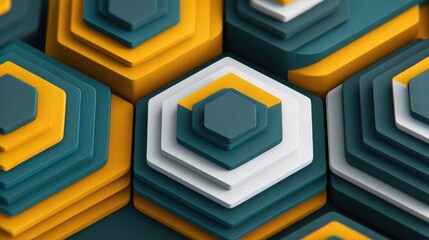 Layered hexagons in teal, gold, and white