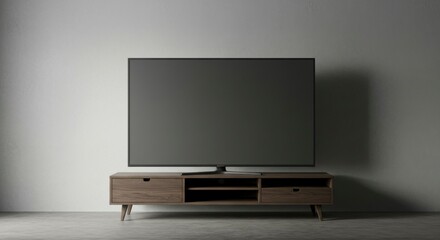 Modern TV stand with a large flat-screen TV in a minimalist room