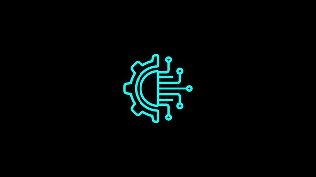 Neon digital circuit board icon, microchip technology design, digital gear settings technology icon, pixel gear abstract technology logo technology signal processing illustration, animation