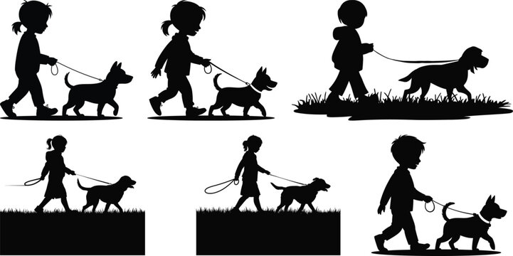 Children walking different dog breeds silhouette vector illustrations in side view poses