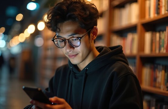Young man wearing glasses uses smartphone in bookstore at night. Warm light illuminates bookshelves. He engrossed in digital content, showcasing modern connection to information and learning.