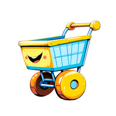 A cute yellow and blue shopping cart with a happy face isolated on transparent background