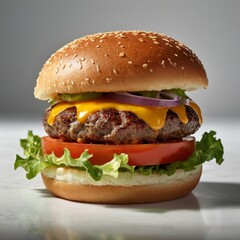 a single gourmet beef burger—juicy patty crowned with melted cheddar