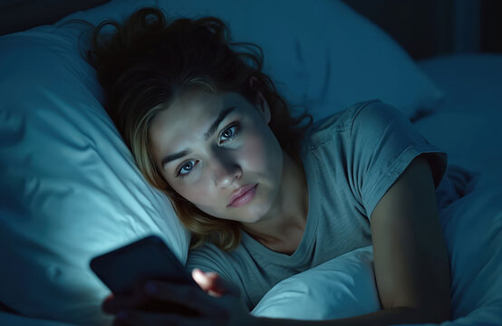 Sad young woman lying in bed at night, scrolling social media on smartphone after breakup. She cannot sleep, feeling loneliness, despair, anxiety. Blue light from screen illuminates her face.