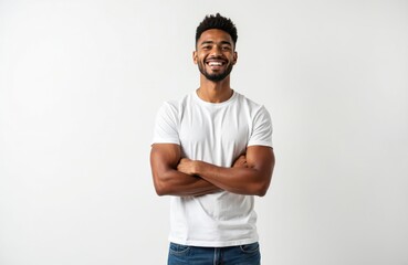 Fototapeta premium Handsome smiling young man with beard stands arms crossed wearing white t-shirt and jeans. Casual, confident, attractive adult male. Isolated studio portrait with copy space.