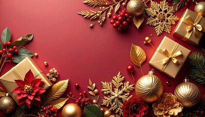 Festive holiday decoration arrangement cozy home setting digital art vibrant red background aesthetic viewpoint christmas spirit