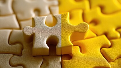 Close-up of a single beige puzzle piece fitting into a colorful puzzle with yellow and cream pieces, representing problem solving and unity concept