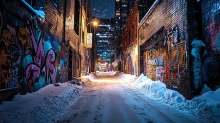 Fototapeta premium A snow-covered alleyway at night, adorned with vibrant graffiti.