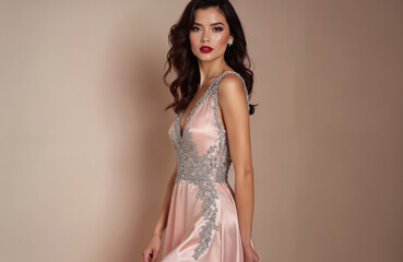 Fototapeta premium Elegant woman in stunning peach satin dress with silver embellishments poses confidently. Dress features intricate lace, crystal details on bodice, hem. Makeup flawless with bold red lipstick, styled
