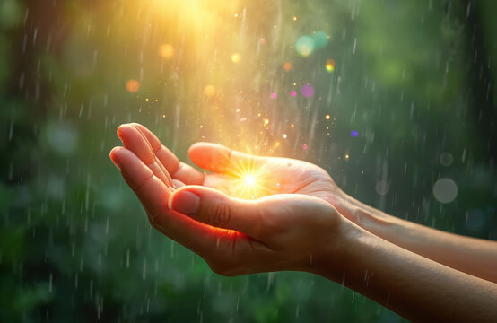 Woman hands cupped open catching light and rain. Gentle water droplets fall, creating a serene and refreshing atmosphere. The scene evokes feelings of purity, wellness, and spiritual connection.