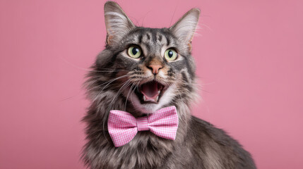 Cat with pink bow tie expresses joy on bright day, showcasing playful theme that brings smiles to all