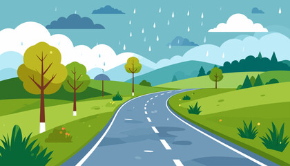 Cartoon Illustration of a Winding Road Through a Green Landscape in Rain