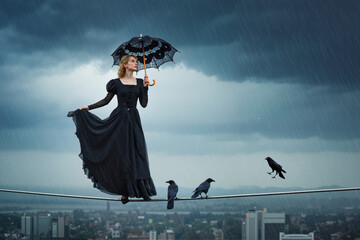 Woman and birds in stormy rooftop tension scene