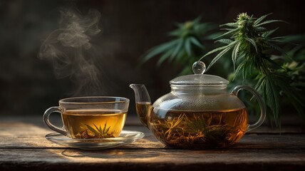 A cup of tea made with cannabis leaves in a teapot with steam coming from it is known as CBD tea.