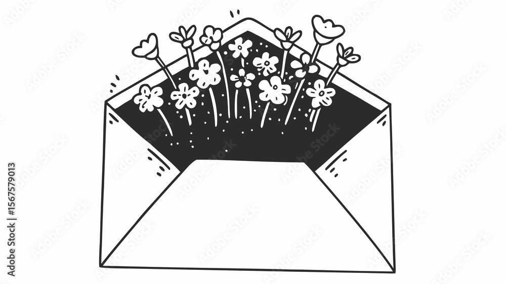 Poster a black and white illustration of an envelope filled with flowers and small dots inside it created w