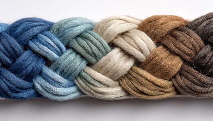 A braid of fabric in various colors, arranged side by side on a white background.