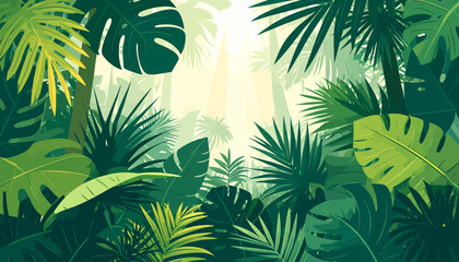 Lush Tropical Jungle Foliage with Sunbeams and Monstera Leaves