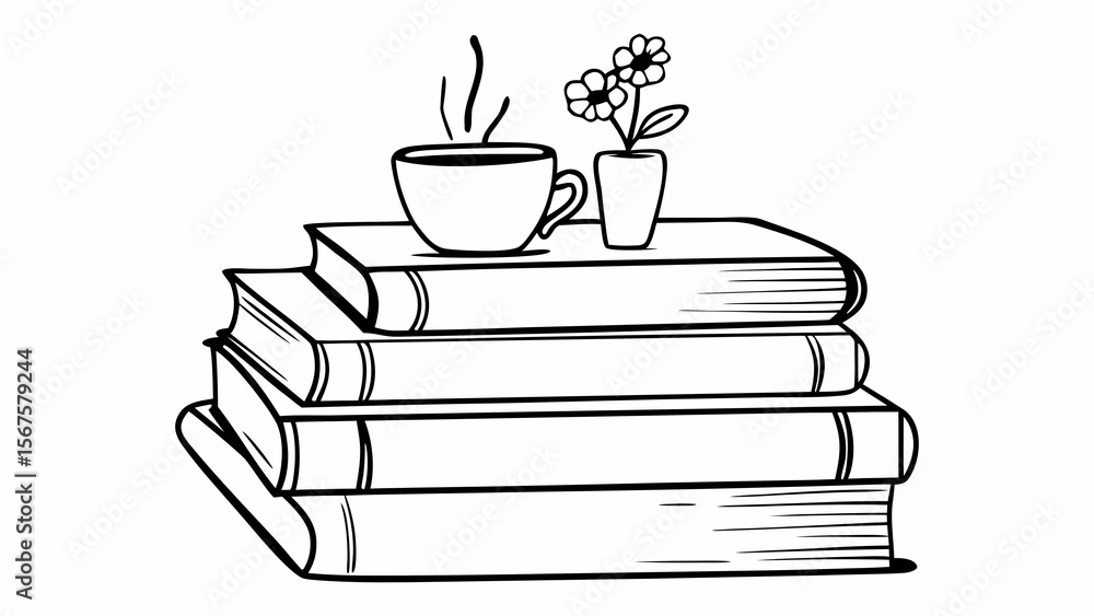 Aufkleber a simple line drawing of a stack of books with a cup of coffee and a small flower vase on top create