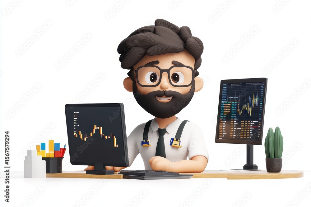 Poster crypto trader watching charts 3d render cartoon character on white background