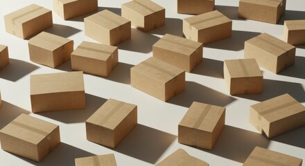 Numerous plain cardboard boxes scattered on a white surface, casting shadows.  They are uniformly sized and appear ready for shipment