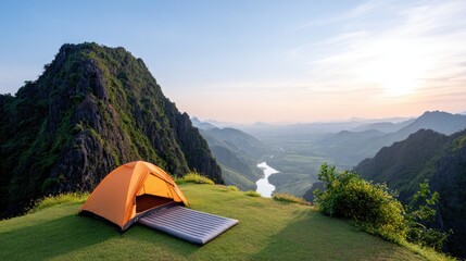 Scenic Mountain View with Tent at Sunrise in Nature Landscape