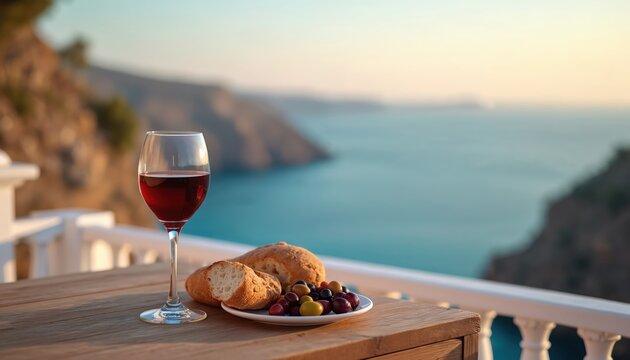 Glass of red wine on wooden table with bread and olives. Scenic ocean view from terrace. Soft sunlight, cozy atmosphere perfect for relaxation, dining, and enjoying summer holidays.