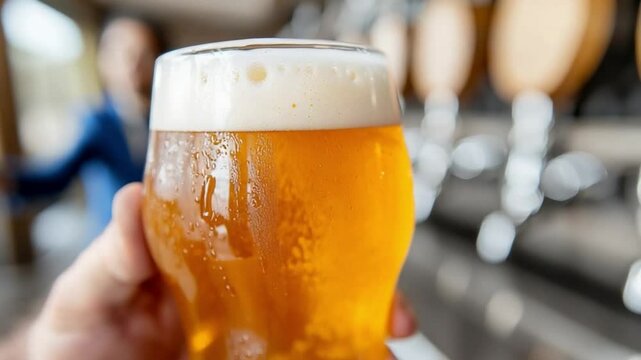 Refreshing Pint: A close-up captures a hand delicately holding a chilled pint of craft beer, brimming with foamy head, and the rich amber hues, inviting a moment of pure relaxation.