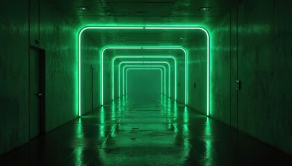 Futuristic corridor with glowing emerald neon lights. Modern architecture tunnel perspective creates sense of endless space, advanced technology. Wet floor reflects vibrant green lighting, enhancing