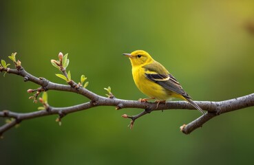 Vibrant yellow warbler songbird perched on tree branch with new spring leaves. Small passerine bird intricate feather details, colorful plumage against soft green blurred background, popular in New