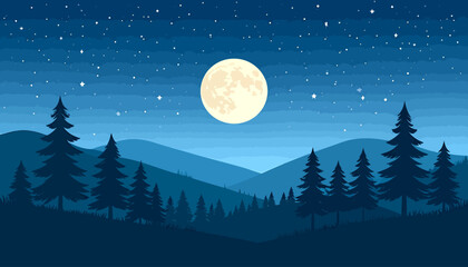 Fototapeta premium Serene Night Landscape with Moon, Stars, and Silhouetted Pine Trees