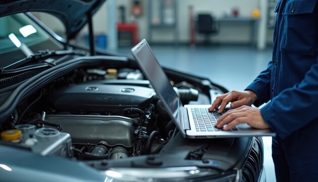 Automotive technician inspects car engine using laptop. Mechanic performs diagnostic check, seeking repair solution. Professional service in workshop with organized system and advanced technology. - Powered by Adobe