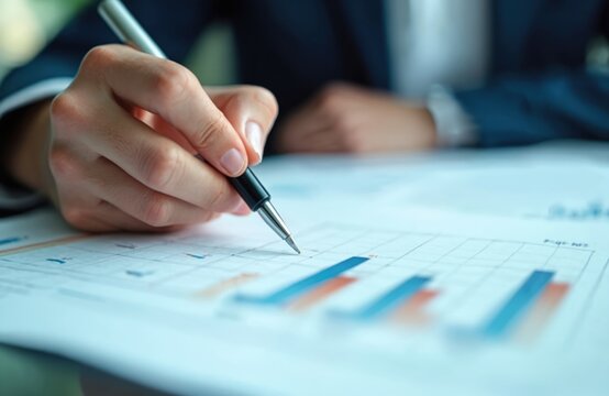 Businessman analyzing financial graph. Close-up of hand with pen over document. Person working on report at office desk. Focus on data analysis, planning, strategy, and corporate finance.