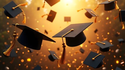 Graduation Caps Flying in Celebration With Glowing Bokeh Light Background