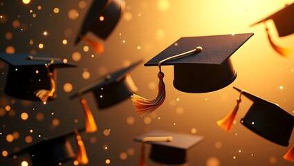 Multiple Graduation Caps Flying in Air With Glowing Bokeh Lights Celebrating Academic Success