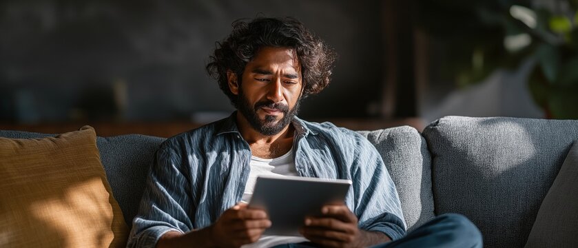 A young Indian man is lounging on the couch in the living room, reading news, perusing the internet, watching movies, and checking social media on his tablet. Online employment, learning