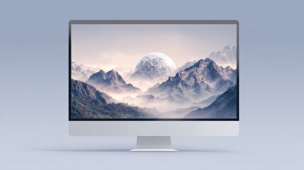 Fototapeta premium modern computer with a simple background of mountains and sky