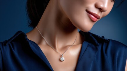 Fototapeta premium Elegant woman wea a luxury diamond pendant necklace and dark blue blouse close-up portrait with soft lighting and smooth skin