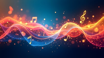 Colorful Glowing Musical Notes Flowing Across Abstract Infinity Shaped Light Waves
