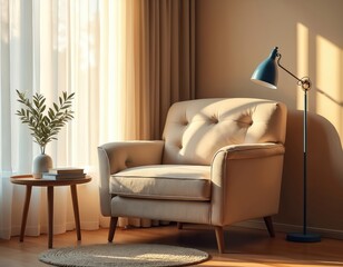 Cozy armchair corner featuring plush upholstered chair next to wooden side table with books, vase holding plant. Stylish floor lamp provides warm illumination. Sheer curtains frame window, casting