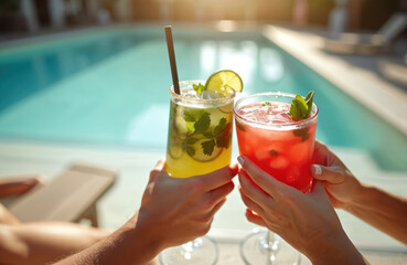 Couple cheers with colorful cocktails at poolside resort spa. Enjoying summer vacation, holding refreshing ice drinks with mint garnish. Sunny leisure lifestyle, relaxation, luxury holiday retreat.